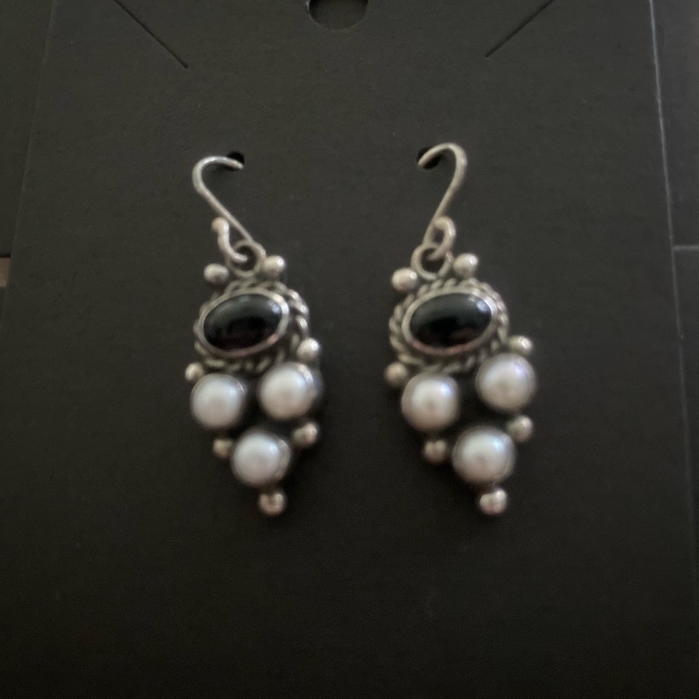 Black onyx, pearl and sterling silver earrings